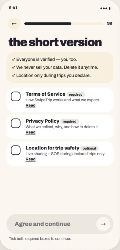 Terms screen
