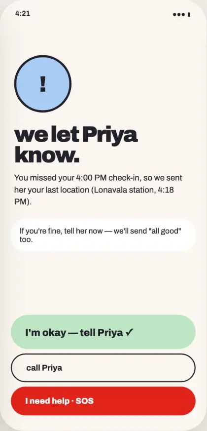 Missed check-in screen